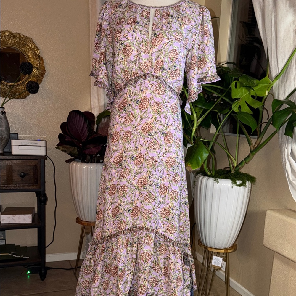 Max Studio Lavender Floral Maxi Dress with Flutter Sleeves